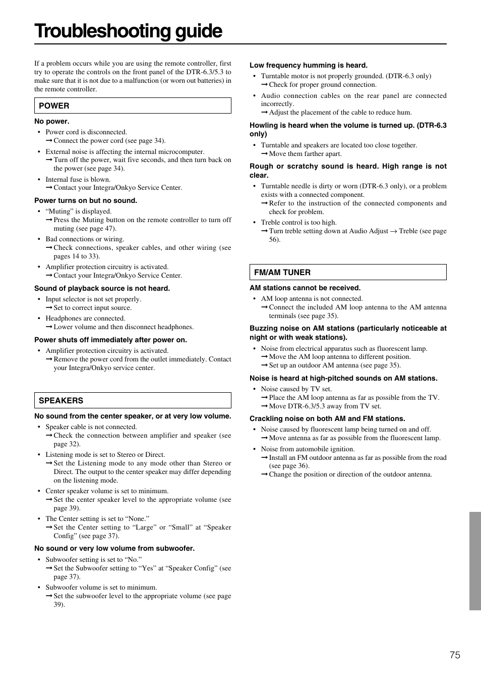 Troubleshooting guide | Integra DTR-5.3 User Manual | Page 75 / 80