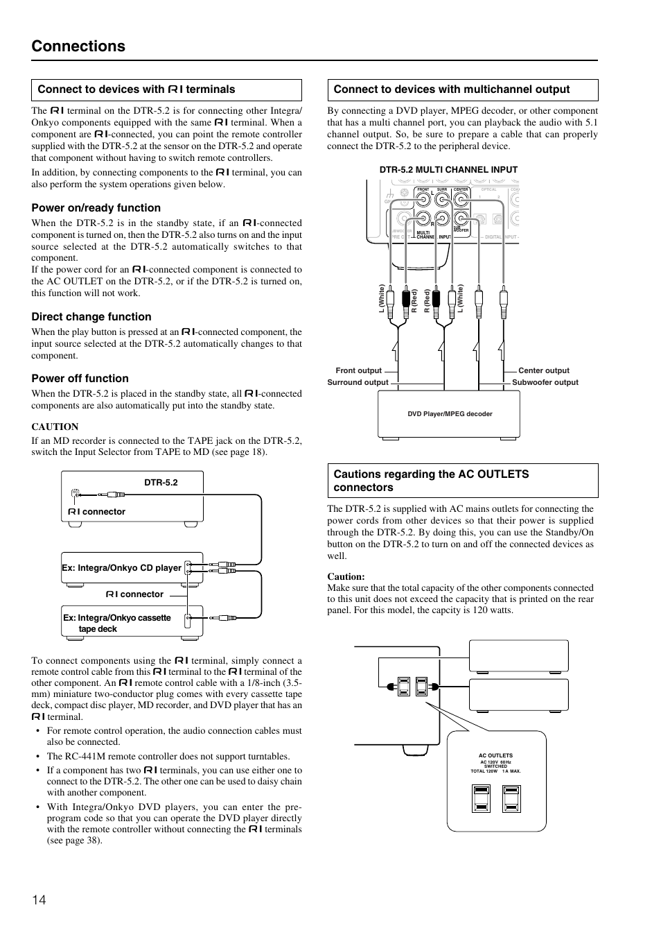 Connections, Connect to devices with multichannel output, Cautions regarding the ac outlets connectors | Connect to devices with z terminals, Power on/ready function, Direct change function, Power off function | Integra DTR-5.2 User Manual | Page 14 / 52