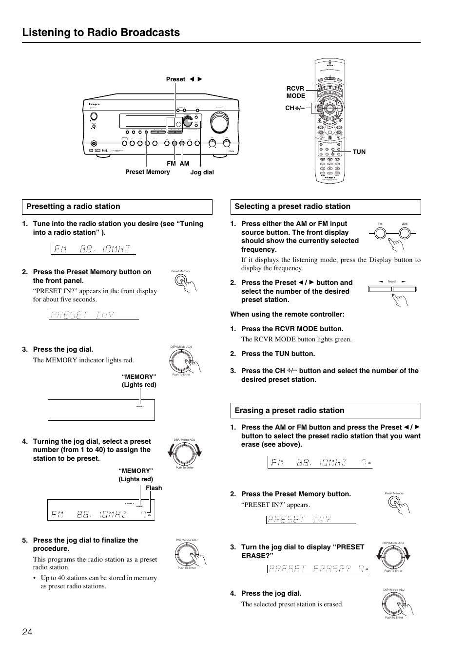 Listening to radio broadcasts, Selecting a preset radio station, Erasing a preset radio station | Presetting a radio station, Standby, On o f f | Integra DTR-5.2 User Manual | Page 24 / 52