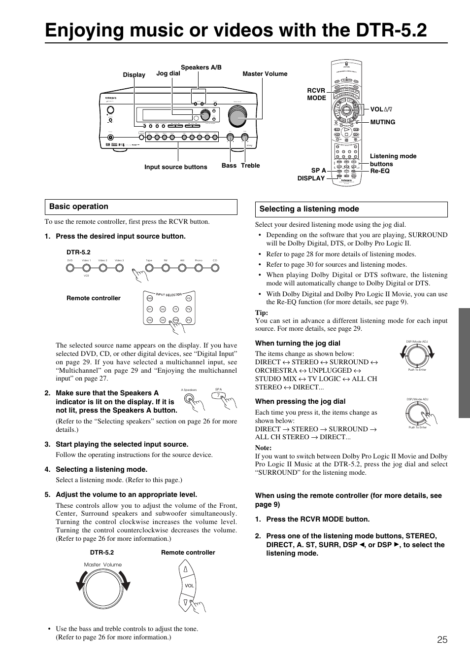 Enjoying music or videos with the dtr-5.2, Basic operation, Selecting a listening mode | Integra DTR-5.2 User Manual | Page 25 / 52