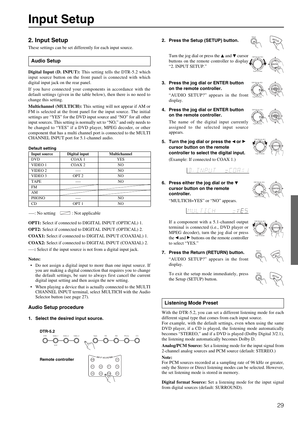 Input setup, Audio setup procedure, Audio setup | Listening mode preset | Integra DTR-5.2 User Manual | Page 29 / 52