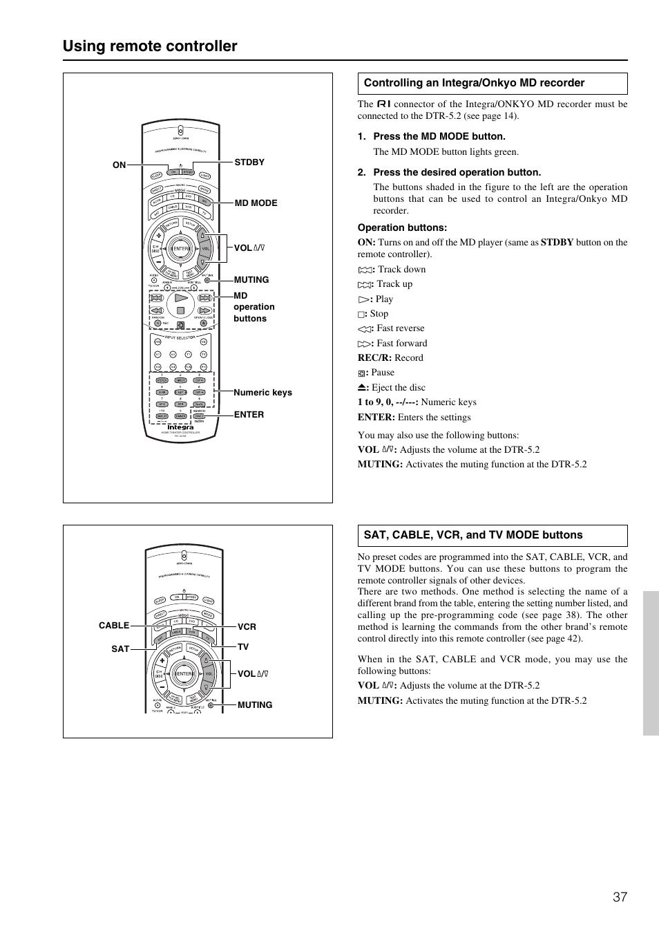 Using remote controller | Integra DTR-5.2 User Manual | Page 37 / 52