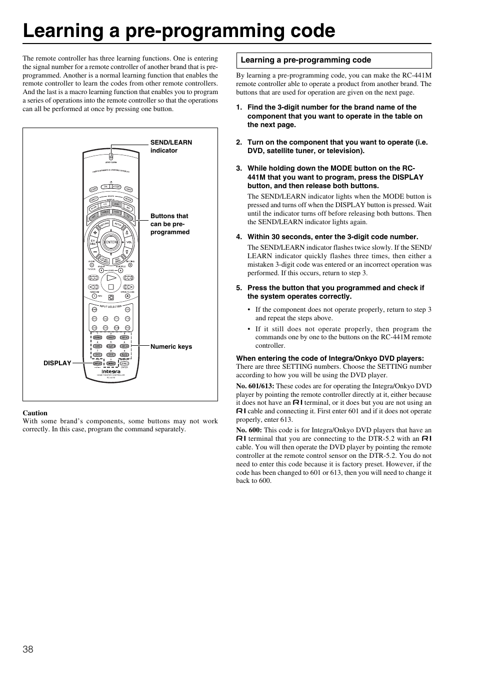 Learning a pre-programming code | Integra DTR-5.2 User Manual | Page 38 / 52