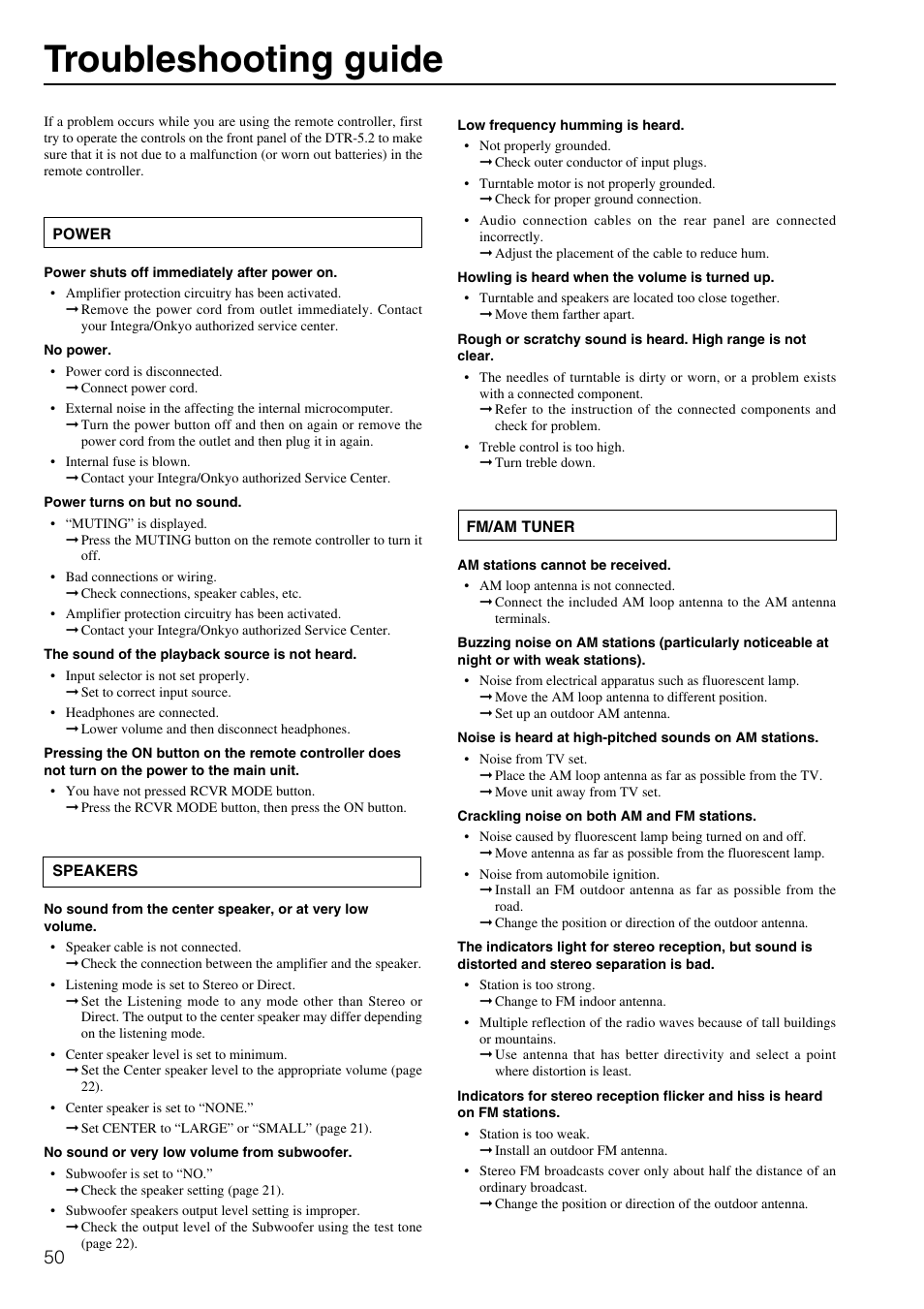 Troubleshooting guide | Integra DTR-5.2 User Manual | Page 50 / 52