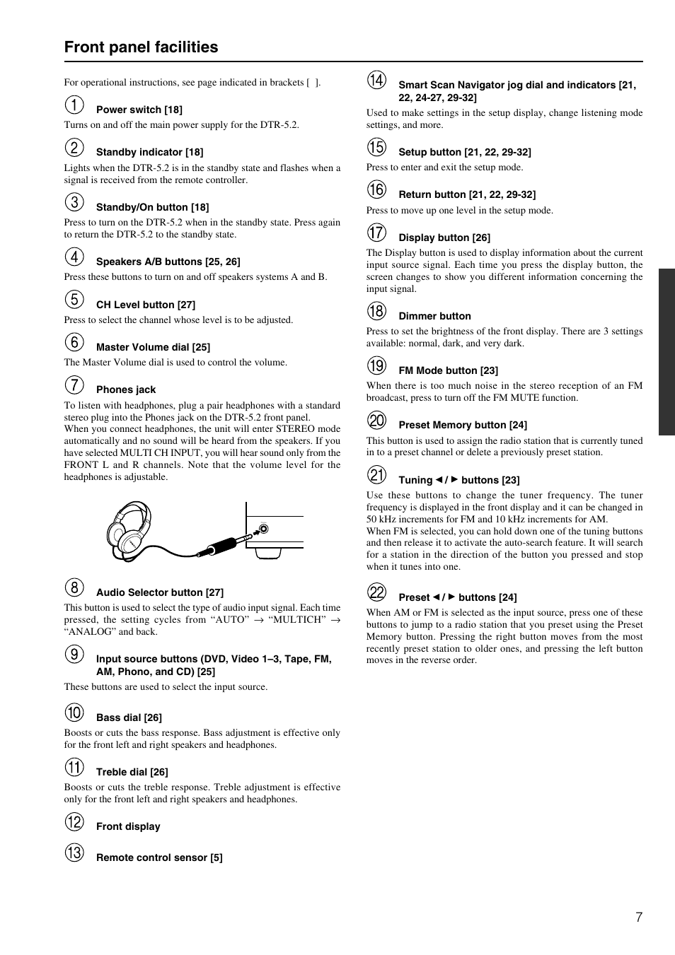 Front panel facilities | Integra DTR-5.2 User Manual | Page 7 / 52