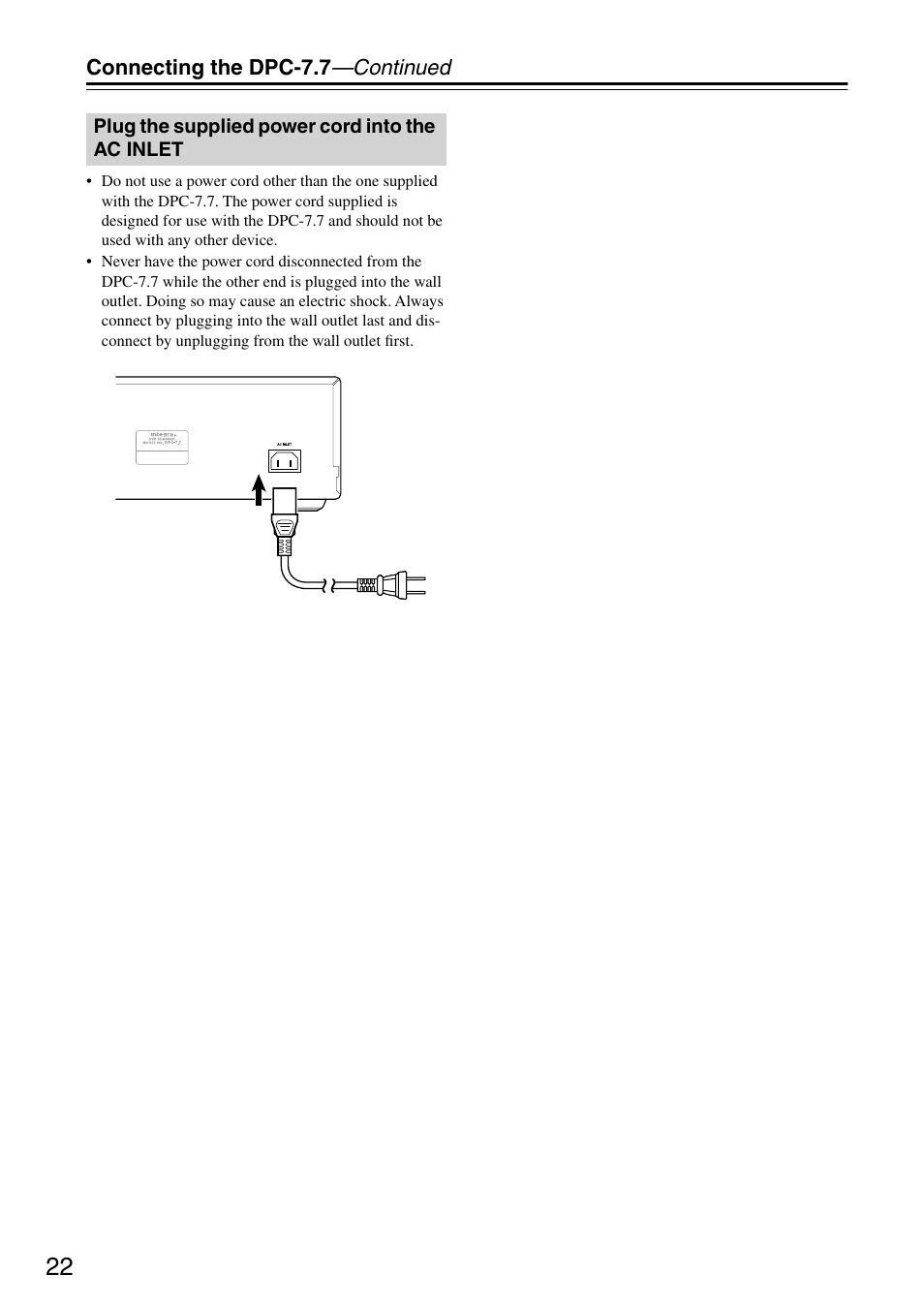 Plug the supplied power cord into the ac inlet, Plug the supplied power cord into the ac, Inlet | Integra DPC-7.7 User Manual | Page 22 / 56