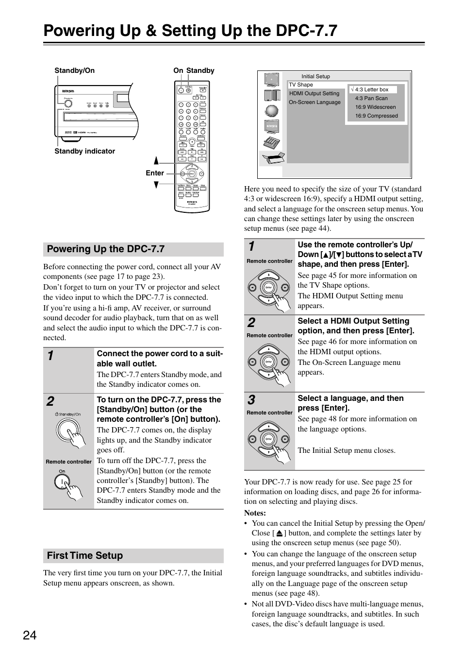 Powering up & setting up the dpc7.7, Powering up the dpc7.7, First time setup | Powering up & setting up the dpc-7.7 24, Powering up the dpc-7.7 first time setup, Getting star, And setting up, Utton (24), Y indicator (24), Utton (24 | Integra DPC-7.7 User Manual | Page 24 / 56