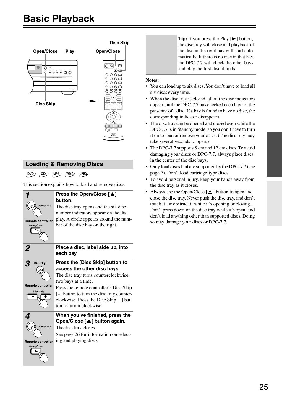 Basic playback, Loading & removing discs, Basic pla | Ybac, Y (25), Utton (25, S 1–6 (25) | Integra DPC-7.7 User Manual | Page 25 / 56