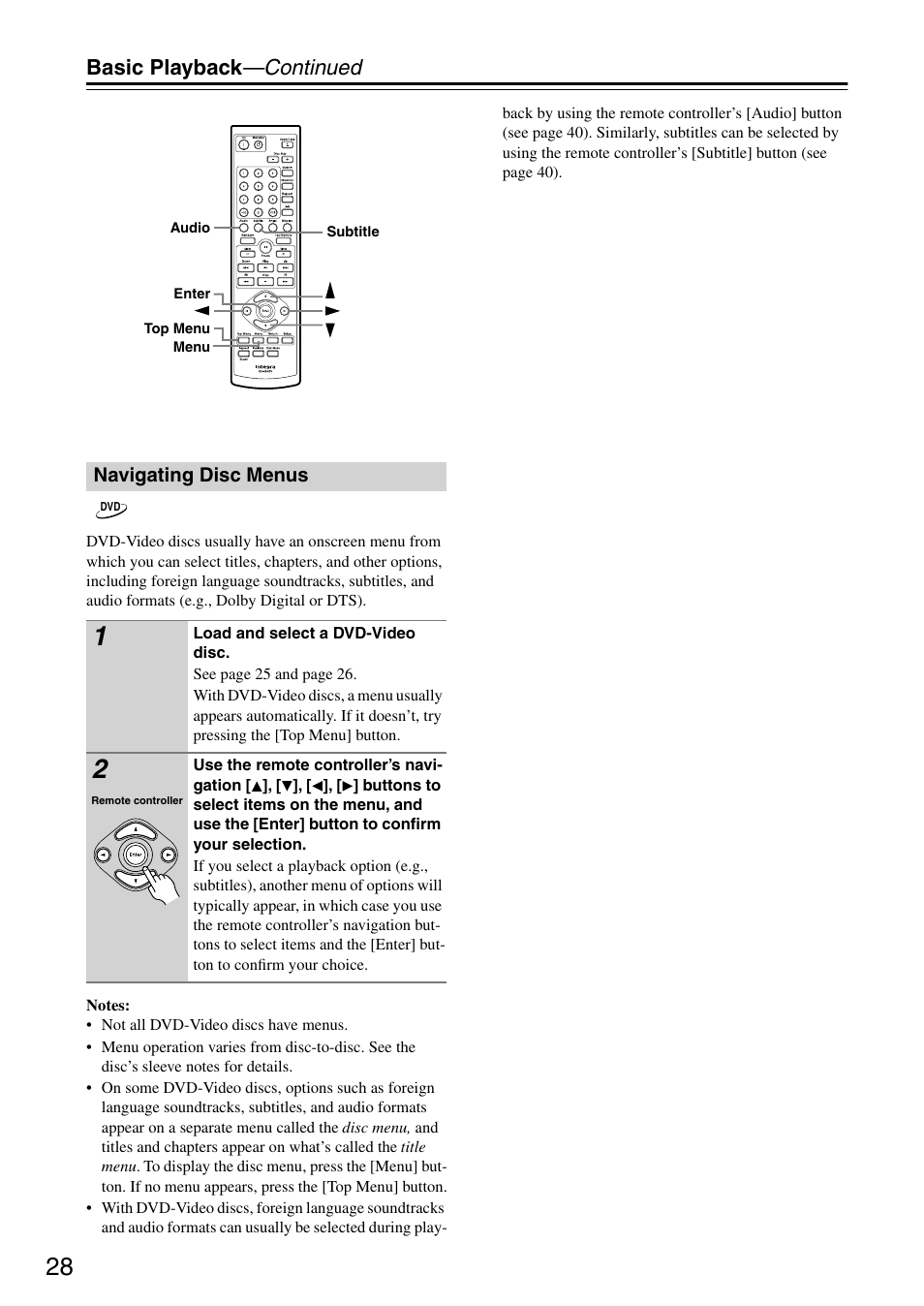 Navigating disc menus, Utton (28, Uttons (28) | Basic playback —continued | Integra DPC-7.7 User Manual | Page 28 / 56