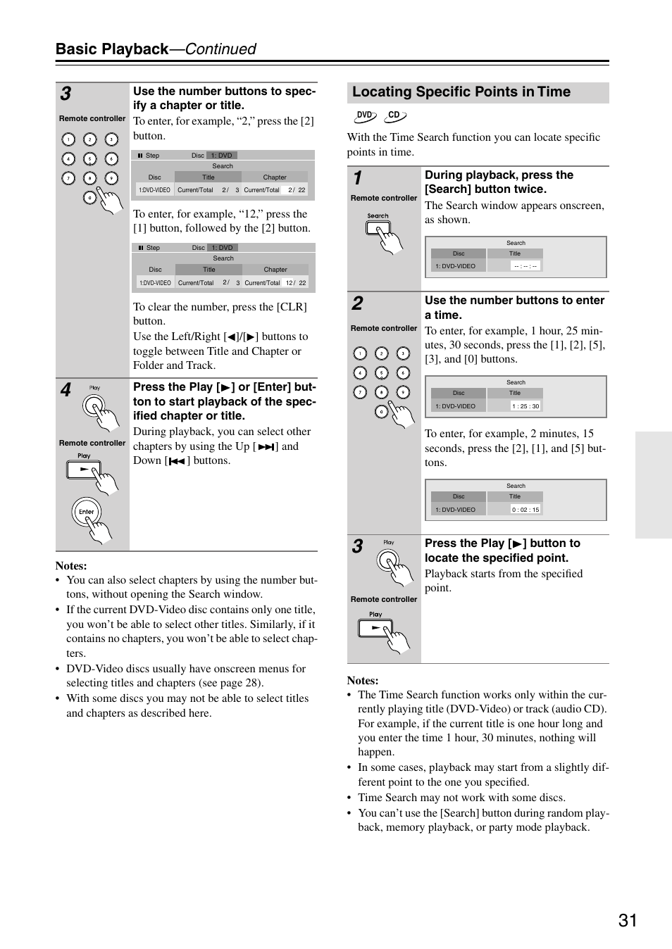 Locating specific points in time, Basic playback —continued | Integra DPC-7.7 User Manual | Page 31 / 56