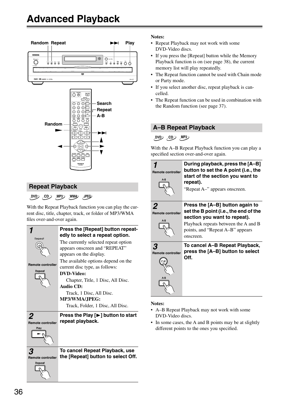 Advanced playback, Repeat playback, A–b repeat playback | Repeat playback a–b repeat playback, Ybac, Hniques, Utton (36) | Integra DPC-7.7 User Manual | Page 36 / 56