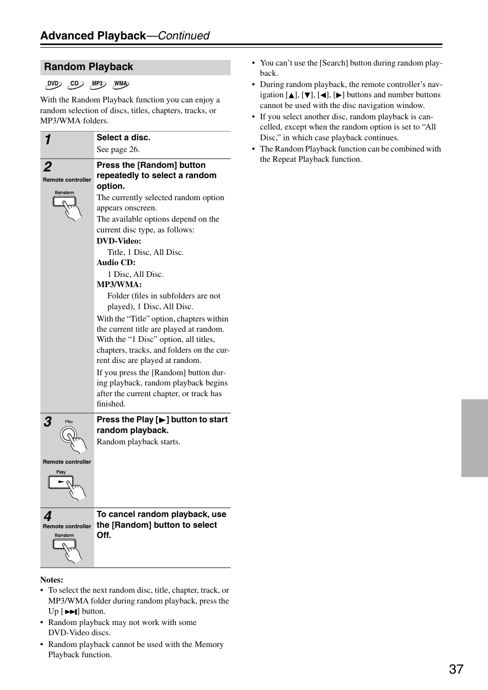 Random playback, Utton (37), Advanced playback —continued | Integra DPC-7.7 User Manual | Page 37 / 56