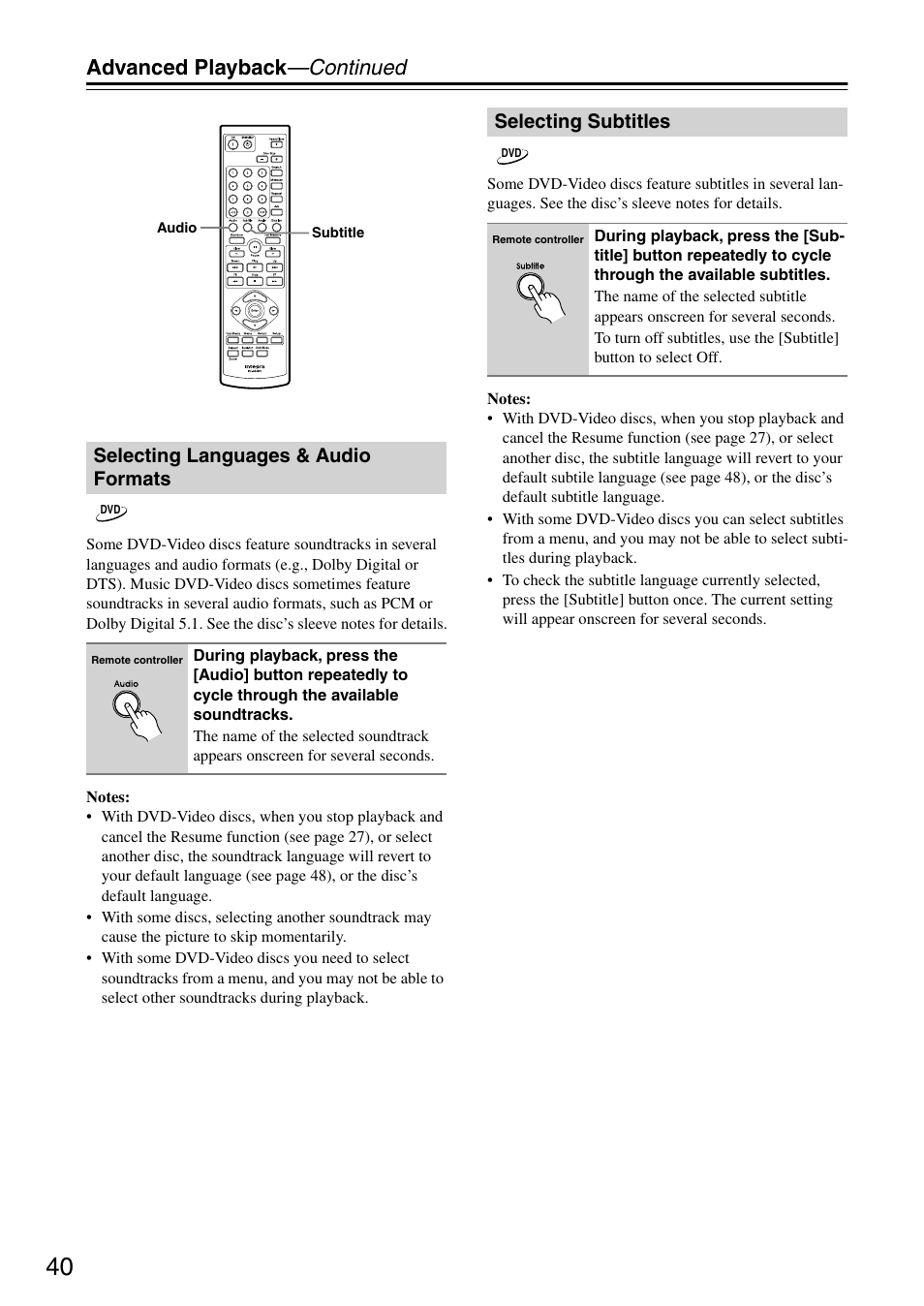 Selecting languages & audio formats, Selecting subtitles, Advanced playback —continued | Integra DPC-7.7 User Manual | Page 40 / 56