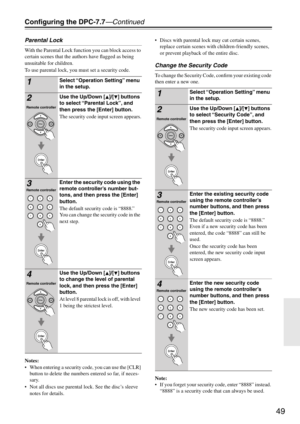 Parental lock, Configuring the dpc-7.7 —continued | Integra DPC-7.7 User Manual | Page 49 / 56