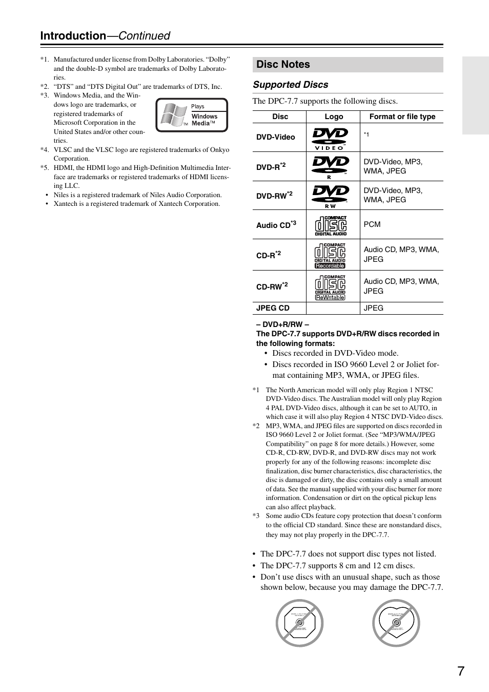 Disc notes, Introduction —continued, Supported discs | Integra DPC-7.7 User Manual | Page 7 / 56
