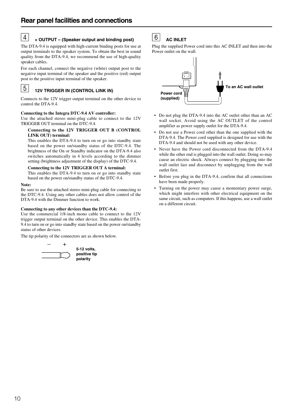 Rear panel facilities and connections | Integra DTA-9.4 User Manual | Page 10 / 16