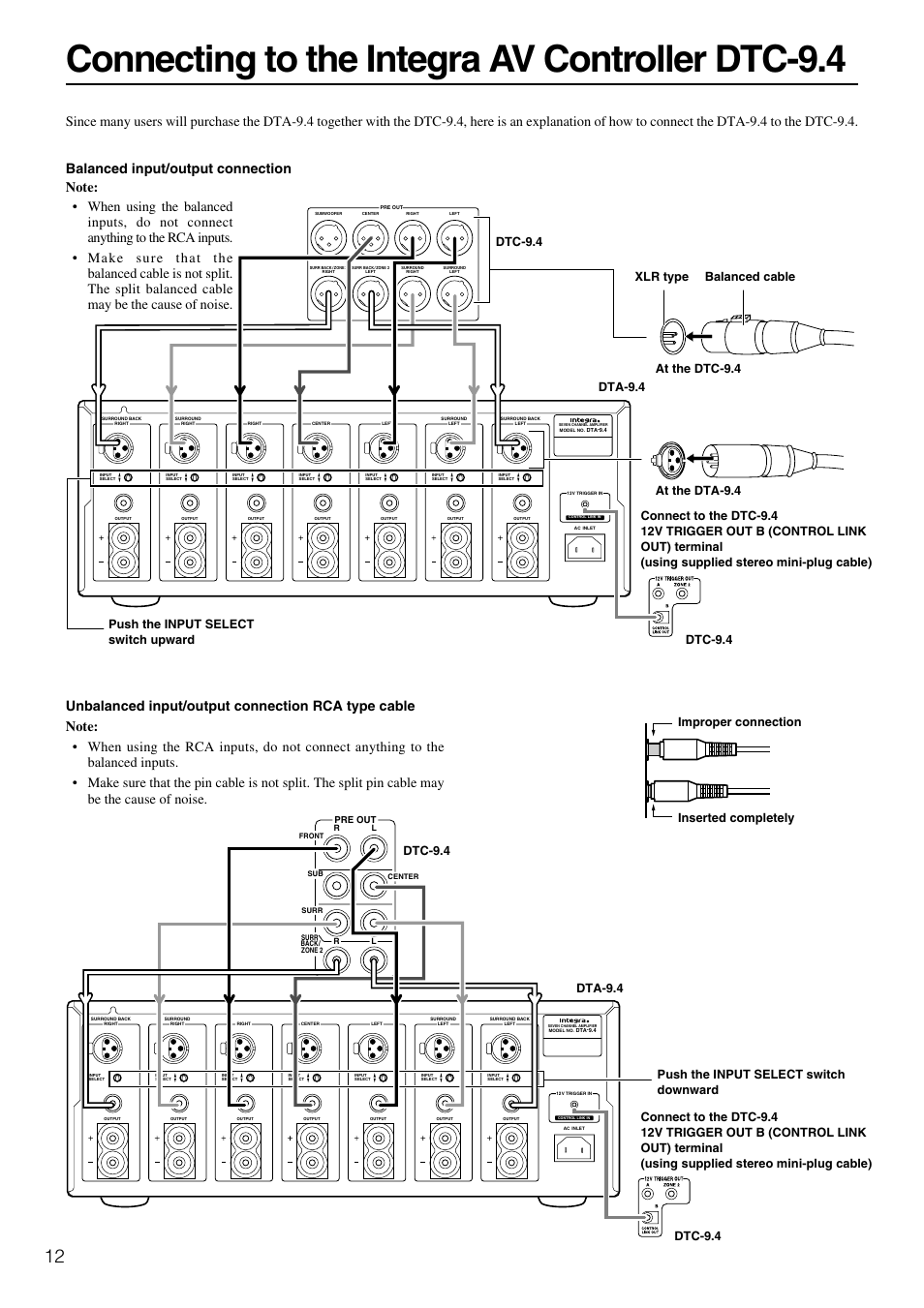 Connecting to the integra av controller dtc-9.4, Unbalanced input/output connection rca type cable, Improper connection inserted completely | Integra DTA-9.4 User Manual | Page 12 / 16