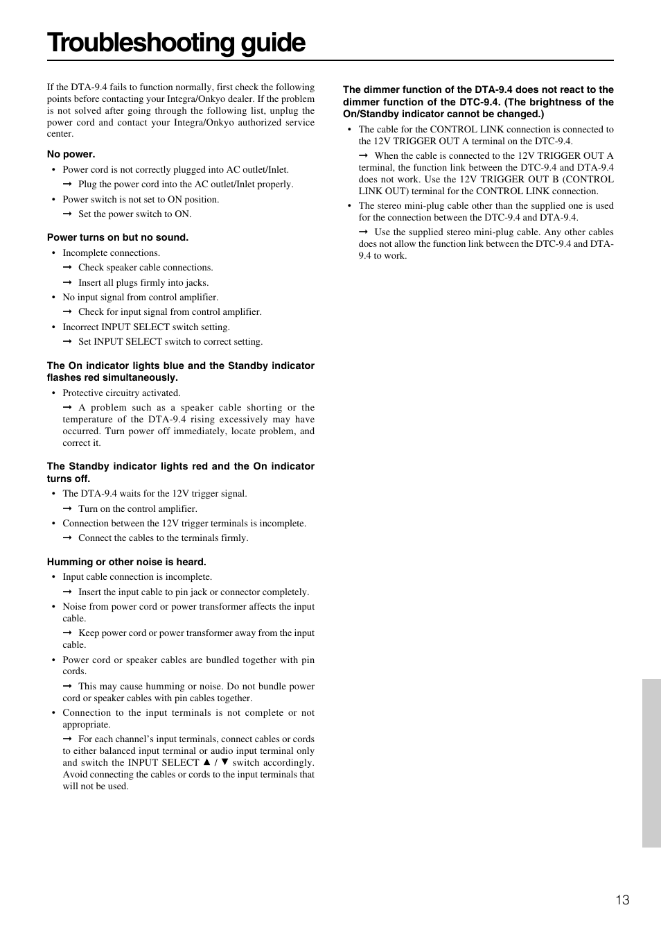 Troubleshooting guide | Integra DTA-9.4 User Manual | Page 13 / 16