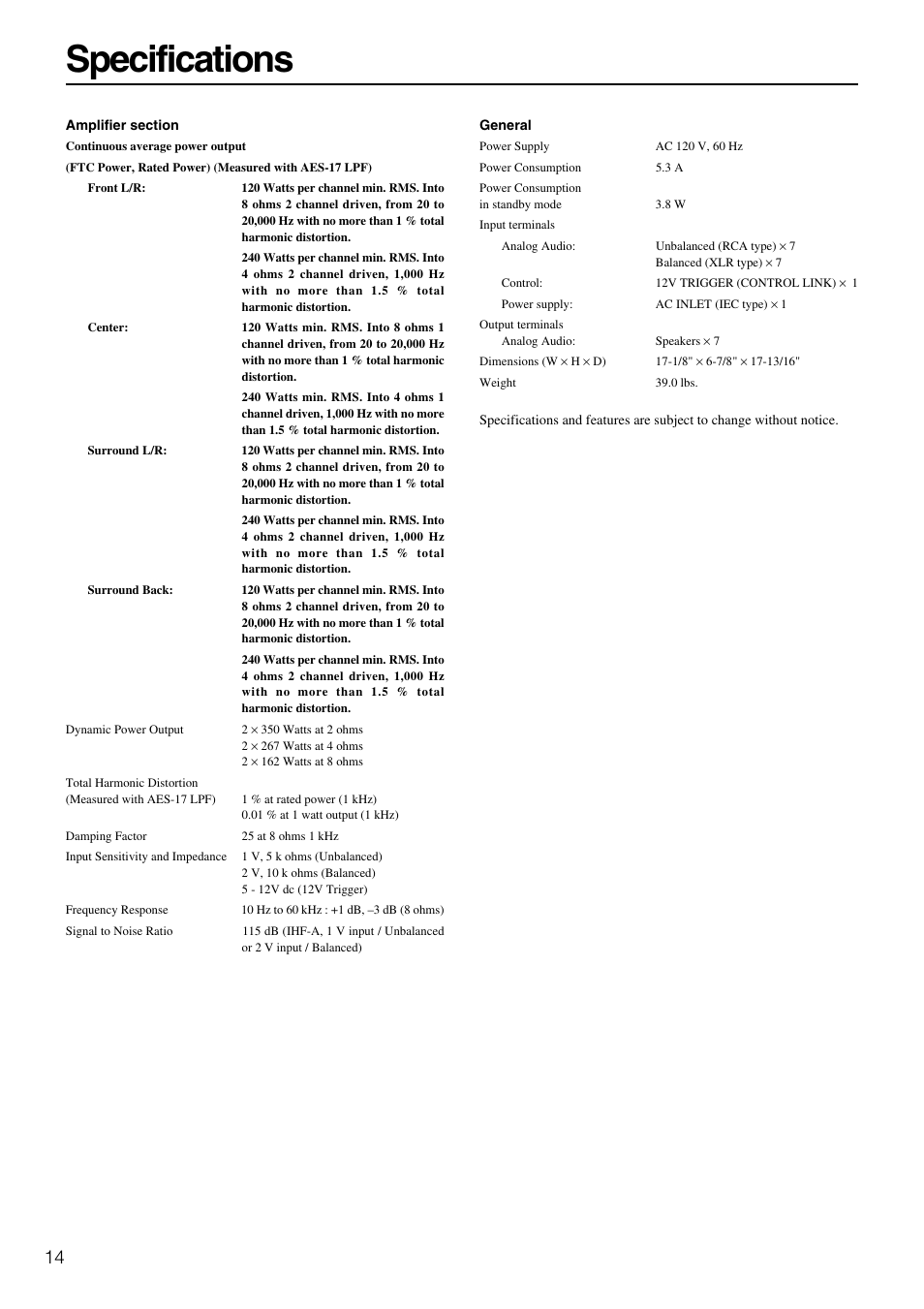 Specifications | Integra DTA-9.4 User Manual | Page 14 / 16