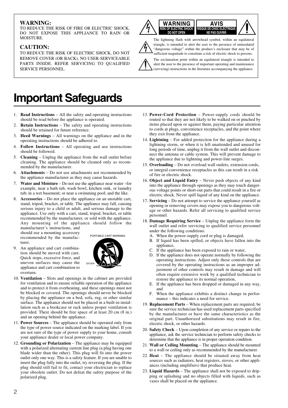 Important safeguards, Warning, Caution | Avis | Integra DTA-9.4 User Manual | Page 2 / 16