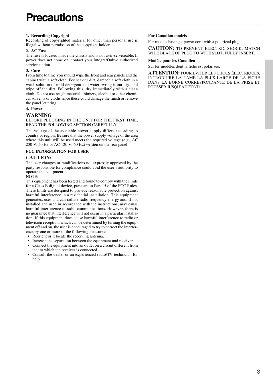 Precautions | Integra DTA-9.4 User Manual | Page 3 / 16