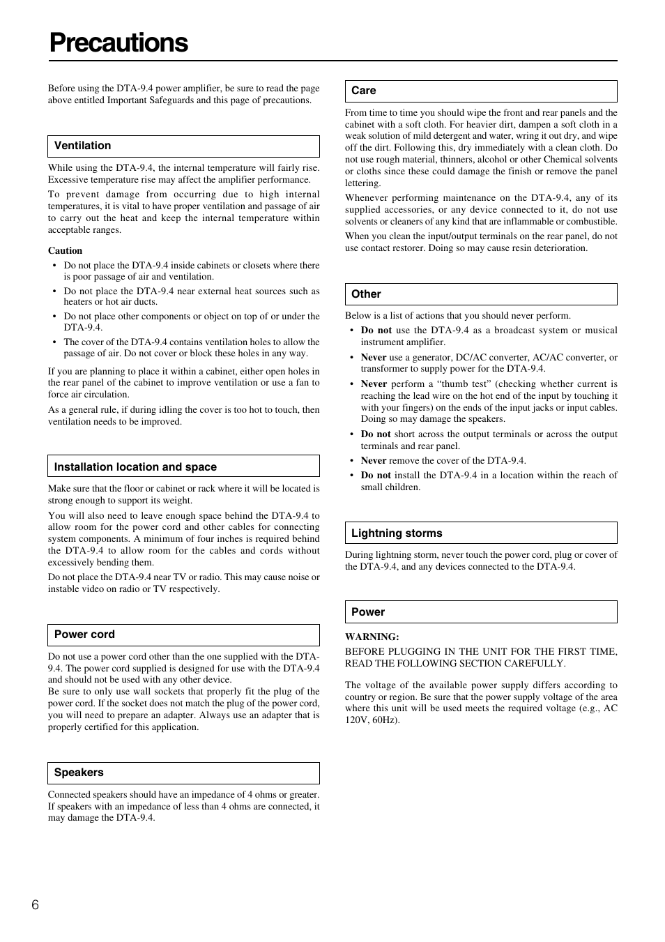 Precautions | Integra DTA-9.4 User Manual | Page 6 / 16