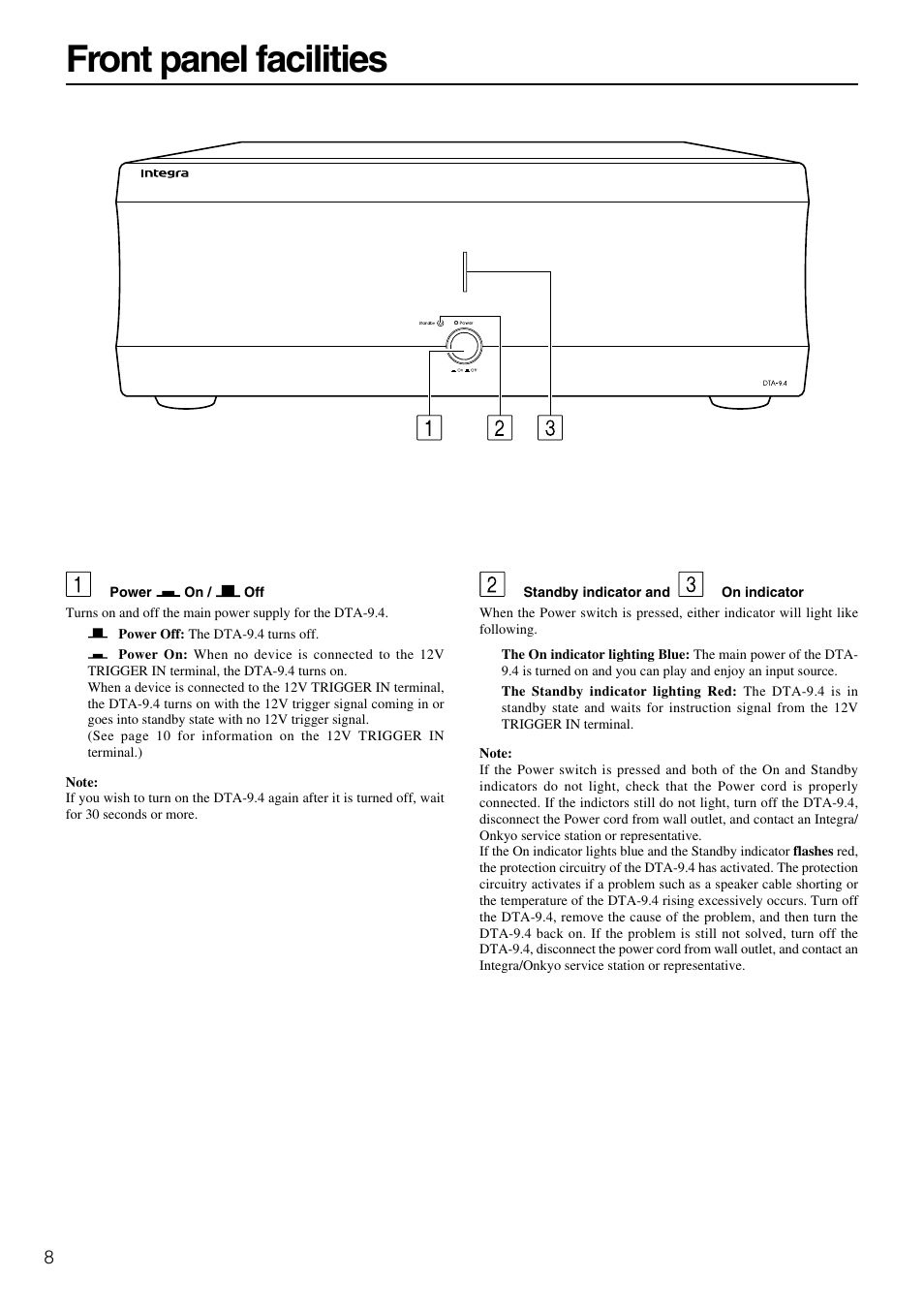 Front panel facilities | Integra DTA-9.4 User Manual | Page 8 / 16