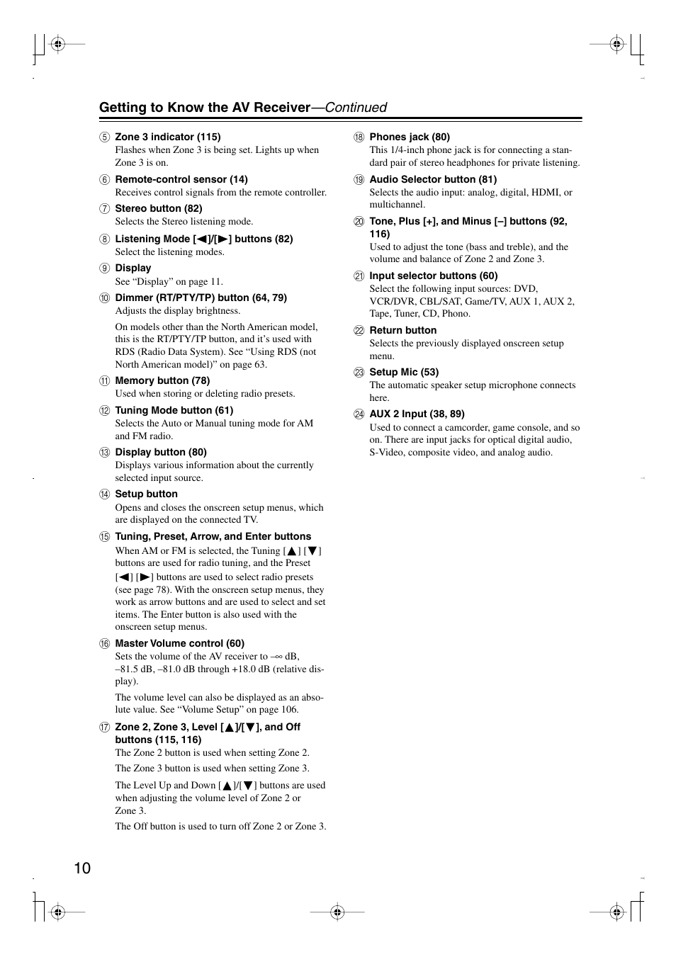 Getting to know the av receiver —continued | Integra DTR-7.8 User Manual | Page 10 / 128