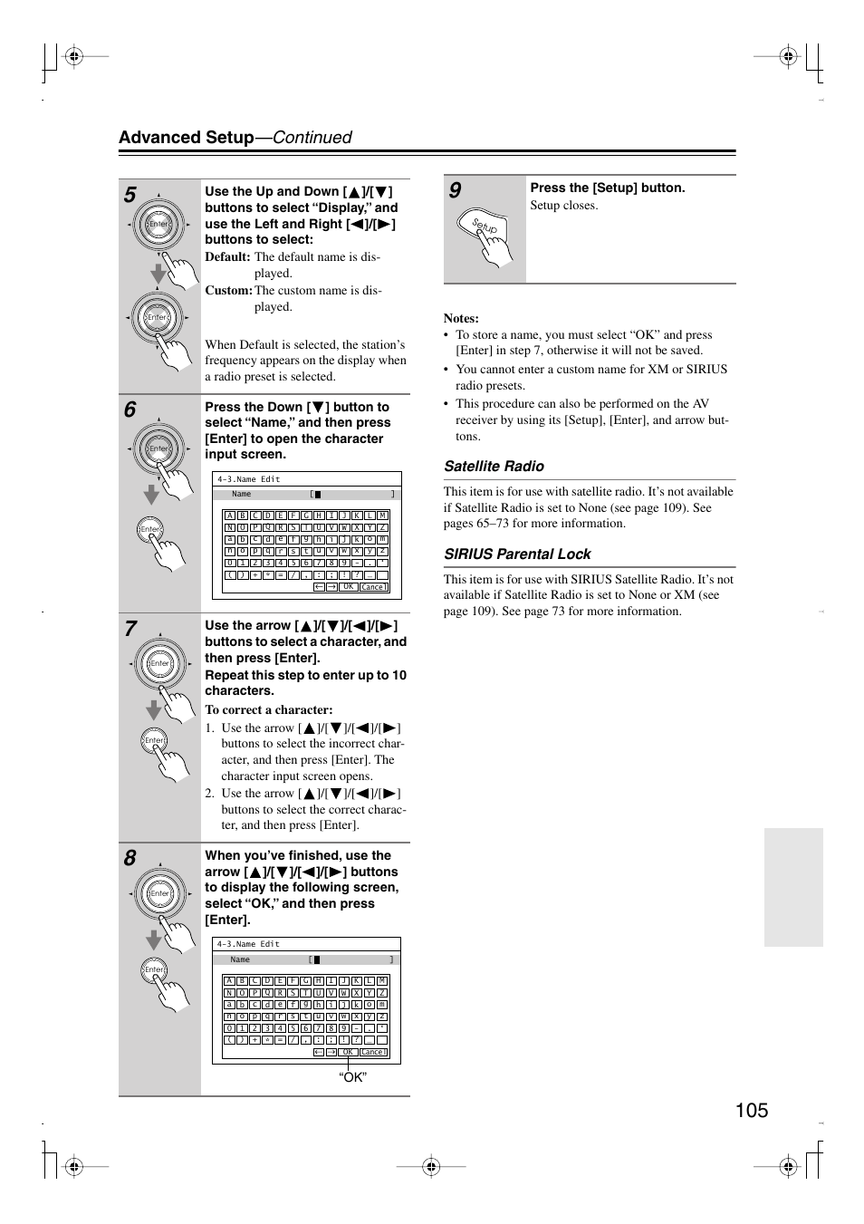 Advanced setup —continued, Satellite radio, Sirius parental lock | Integra DTR-7.8 User Manual | Page 105 / 128