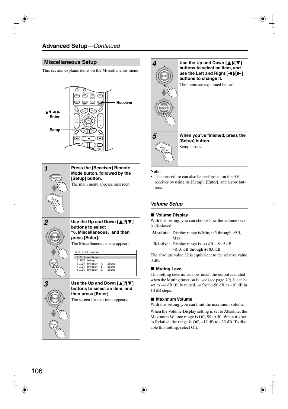 Miscellaneous setup, Advanced setup —continued, Volume setup | Integra DTR-7.8 User Manual | Page 106 / 128
