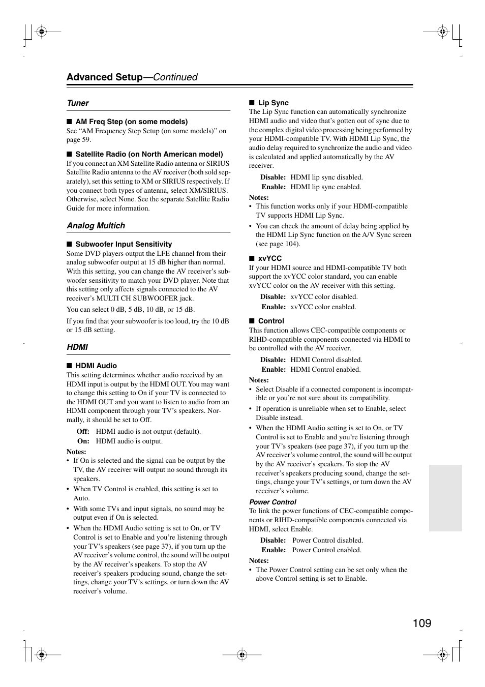 Y indicator (109), Advanced setup —continued | Integra DTR-7.8 User Manual | Page 109 / 128