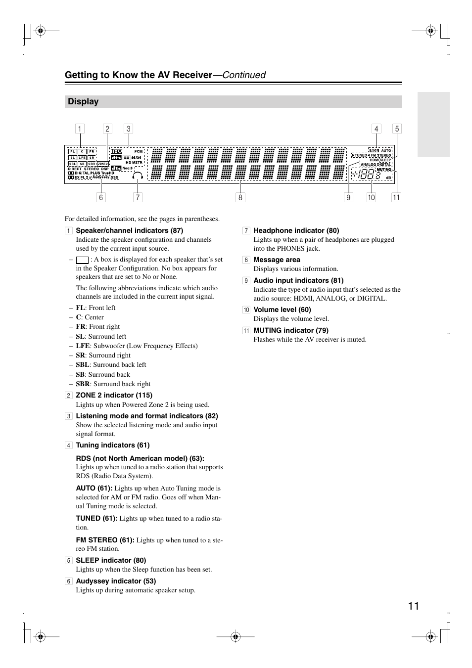 Display, Getting to know the av receiver —continued | Integra DTR-7.8 User Manual | Page 11 / 128