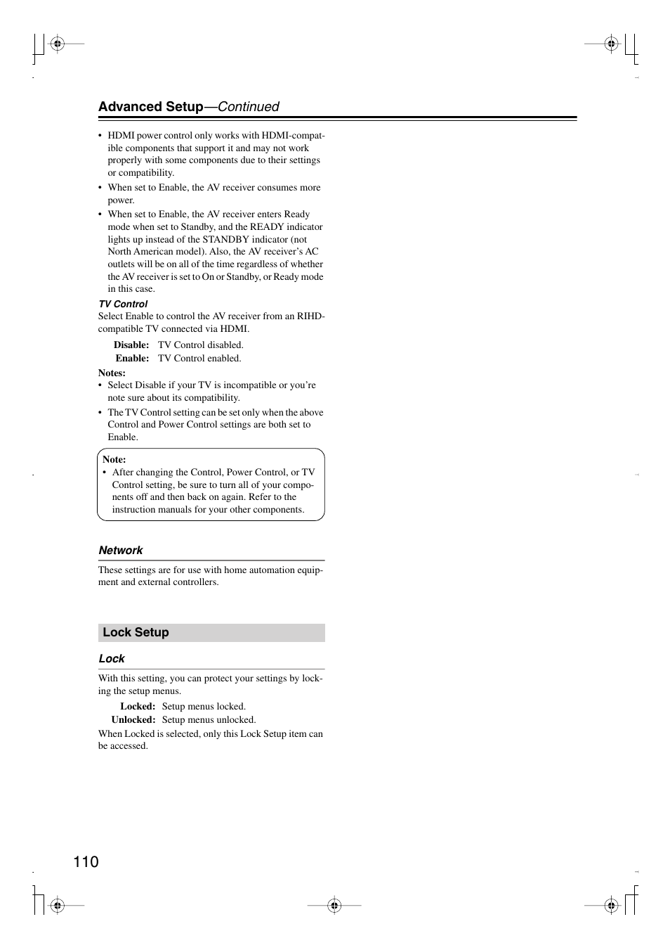 Lock setup, Advanced setup —continued | Integra DTR-7.8 User Manual | Page 110 / 128