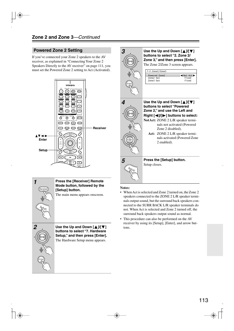 Powered zone2 setting, Powered zone 2 setting, Zone 2 and zone 3 —continued | Press the [setup] button. setup closes | Integra DTR-7.8 User Manual | Page 113 / 128