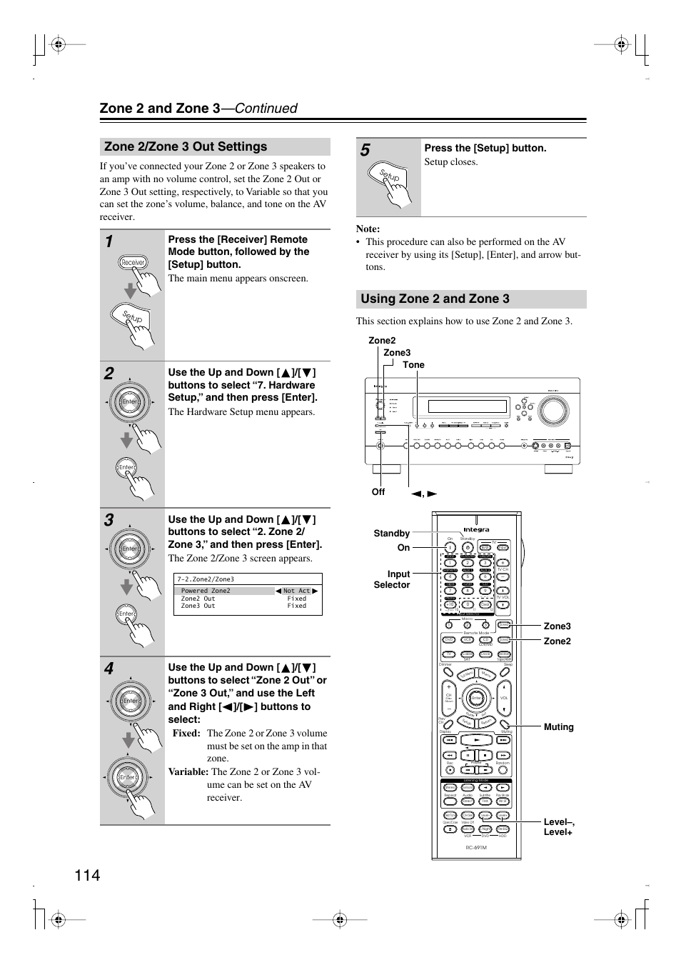 Zone2/zone3 out settings, Using zone 2 and zone3, Zone 2/zone 3 out settings using zone 2 and zone 3 | Zone 2 and zone 3 —continued, Zone 2/zone 3 out settings, Using zone 2 and zone 3, Press the [setup] button. setup closes | Integra DTR-7.8 User Manual | Page 114 / 128