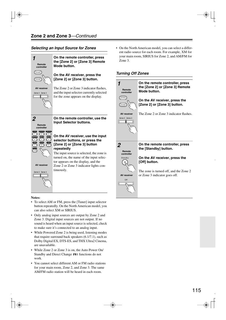 Zone 2 indicator (115), Zone 3 indicator (115), Uttons (115 | Zone 2 and zone 3 —continued, Selecting an input source for zones, Turning off zones | Integra DTR-7.8 User Manual | Page 115 / 128