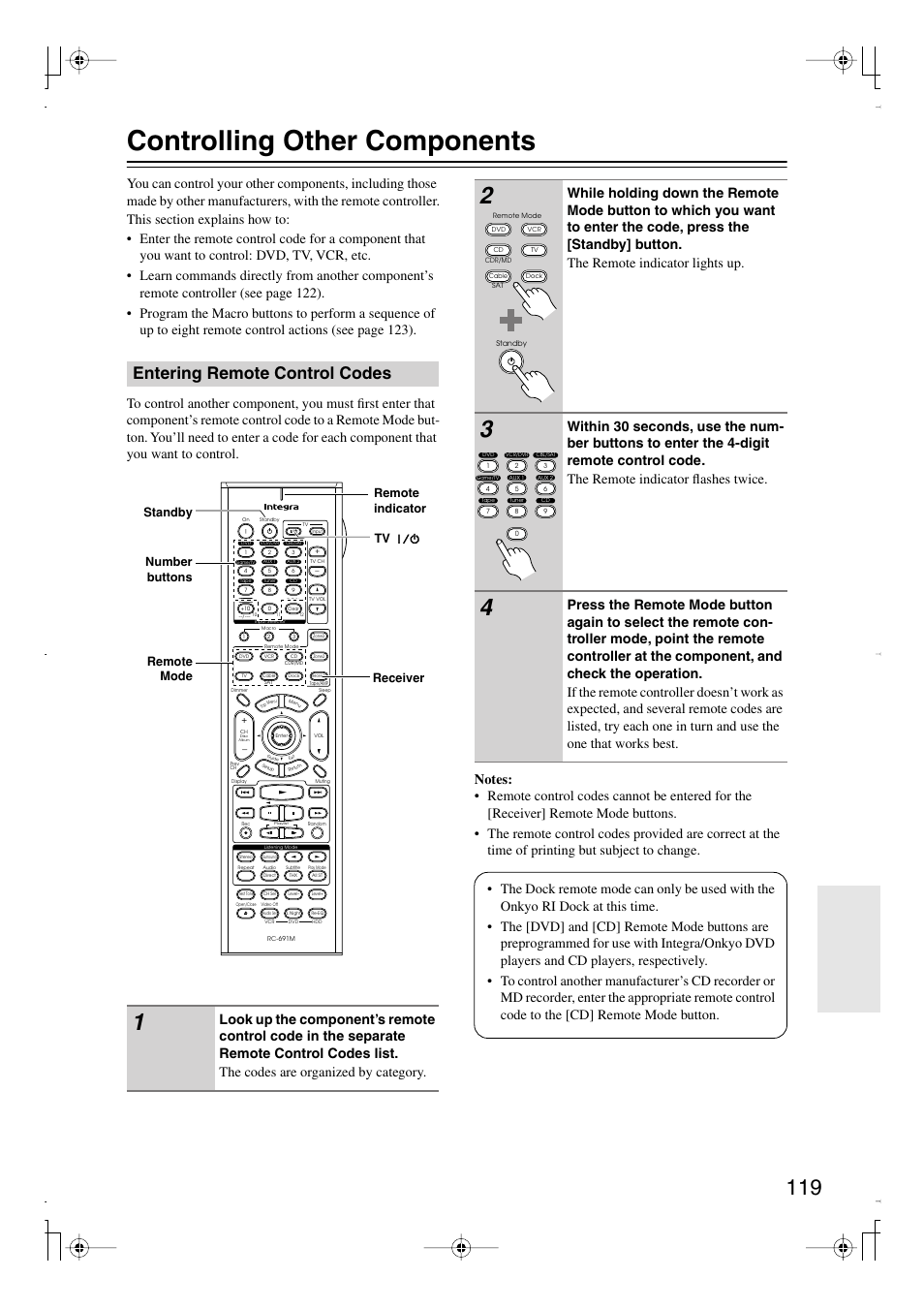 Controlling other components, Entering remote control codes | Integra DTR-7.8 User Manual | Page 119 / 128