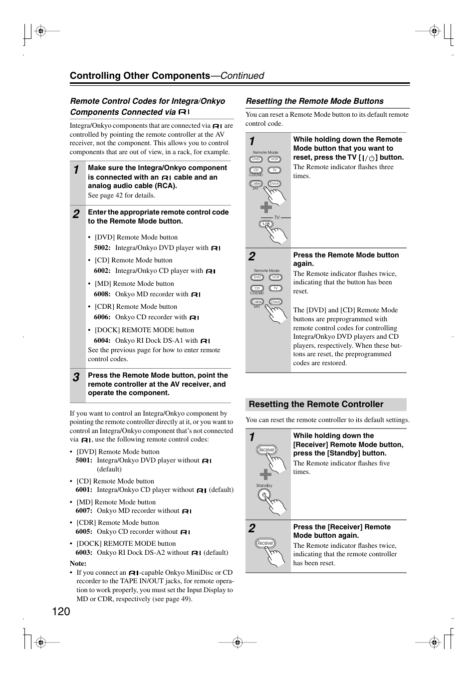 Resetting the remote controller, Controlling other components —continued | Integra DTR-7.8 User Manual | Page 120 / 128