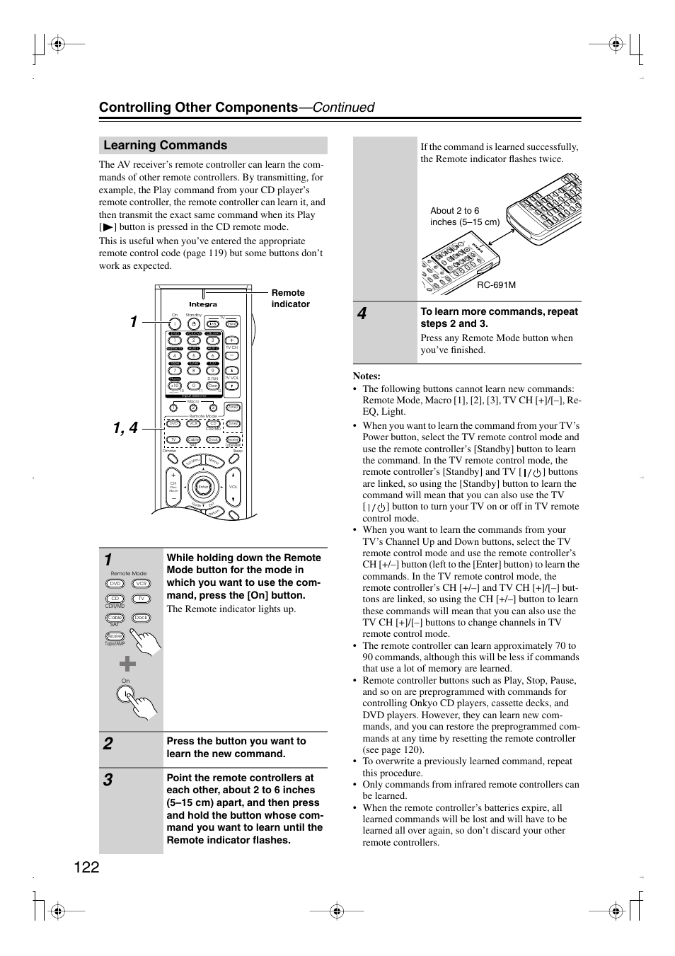 Learning commands, Controlling other components —continued, Press the button you want to learn the new command | Remote indicator | Integra DTR-7.8 User Manual | Page 122 / 128