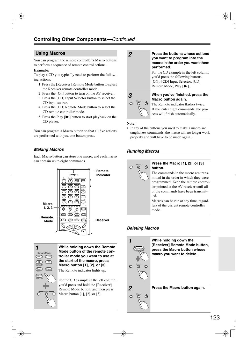 Using macros, Uttons (123), Controlling other components —continued | Making macros, Running macros deleting macros, Press the macro button again | Integra DTR-7.8 User Manual | Page 123 / 128