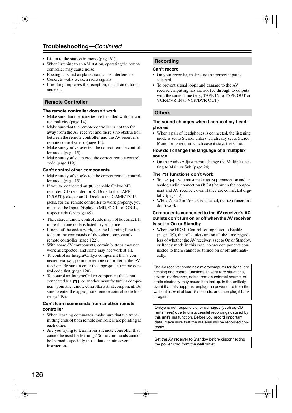Troubleshooting —continued | Integra DTR-7.8 User Manual | Page 126 / 128