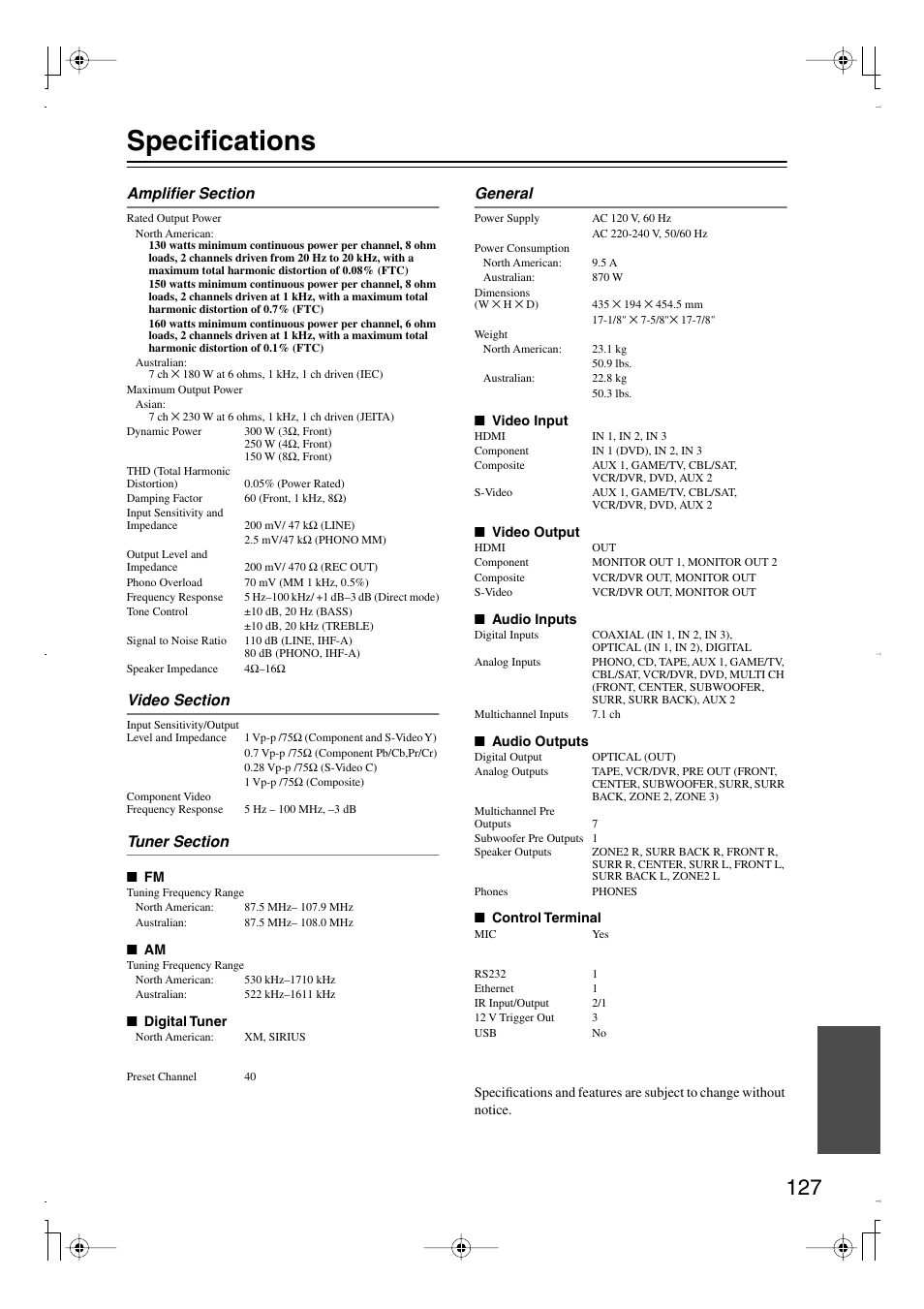 Specifications | Integra DTR-7.8 User Manual | Page 127 / 128
