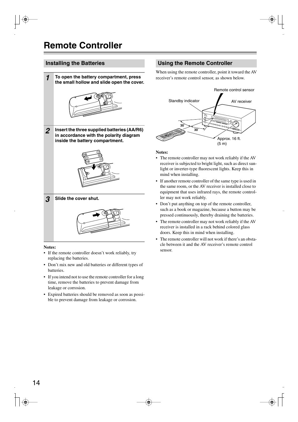 Remote controller, Installing the batteries, Using the remote controller | Ol sensor (14) | Integra DTR-7.8 User Manual | Page 14 / 128