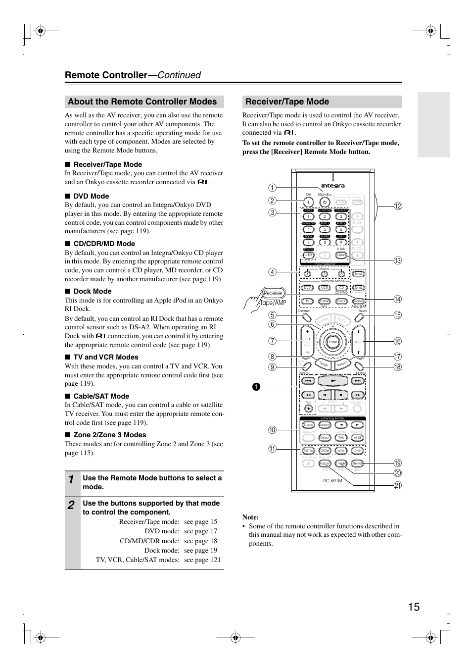 About the remote controller modes, Receiver/tape mode, Remote controller —continued | Use the remote mode buttons to select a mode | Integra DTR-7.8 User Manual | Page 15 / 128