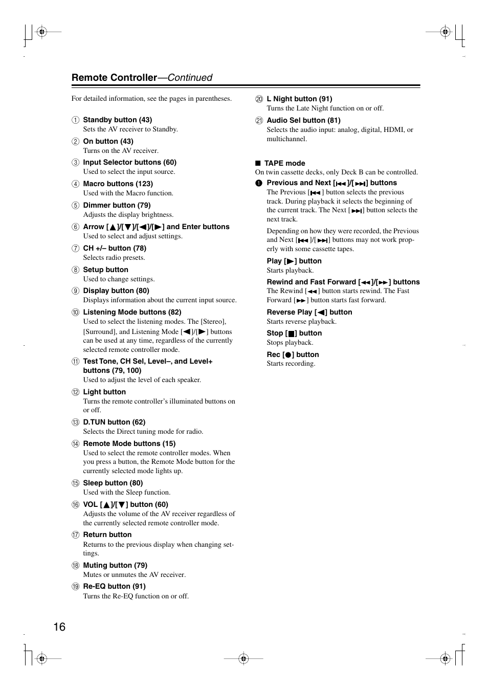 Remote controller —continued | Integra DTR-7.8 User Manual | Page 16 / 128