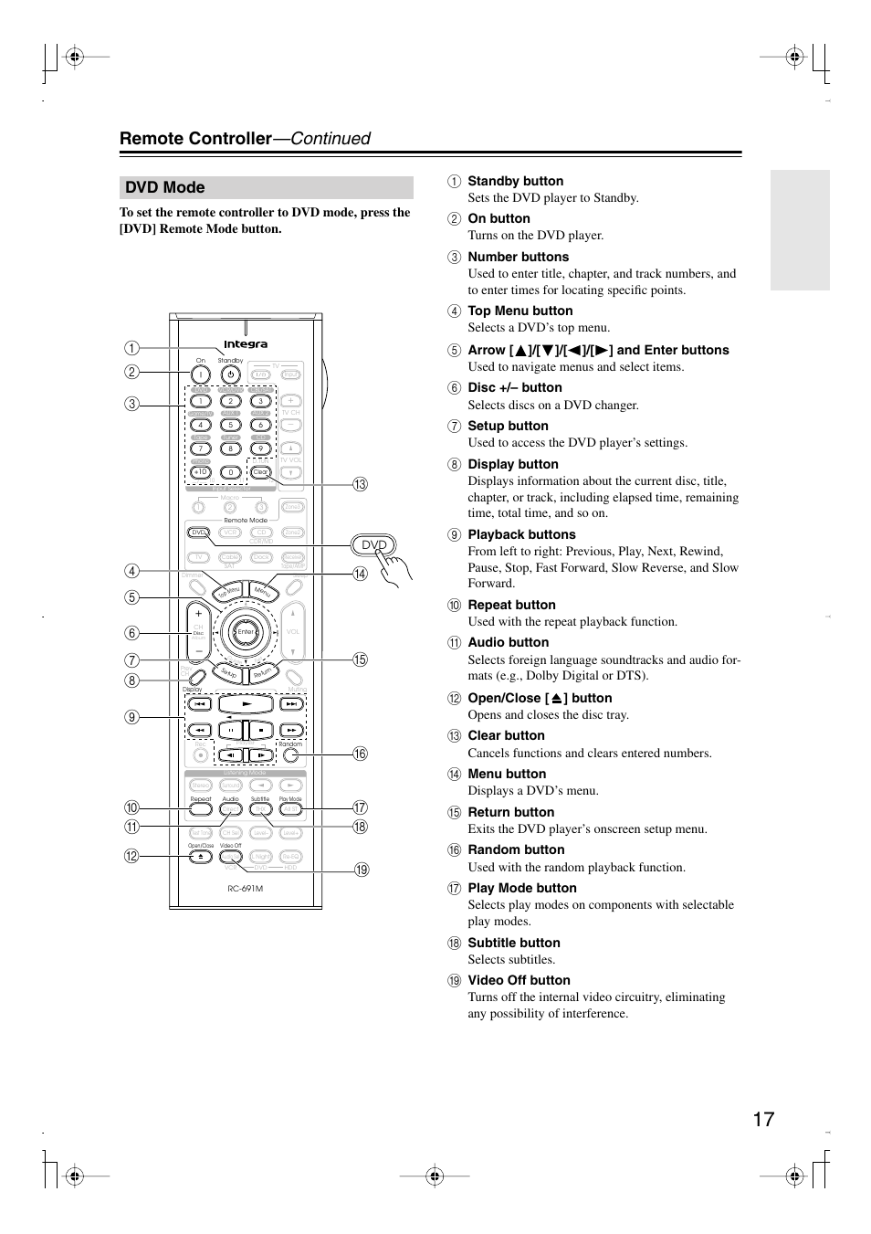 Dvd mode, Remote controller —continued | Integra DTR-7.8 User Manual | Page 17 / 128