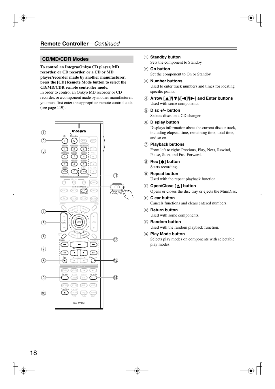 Cd/md/cdr modes, Remote controller —continued | Integra DTR-7.8 User Manual | Page 18 / 128