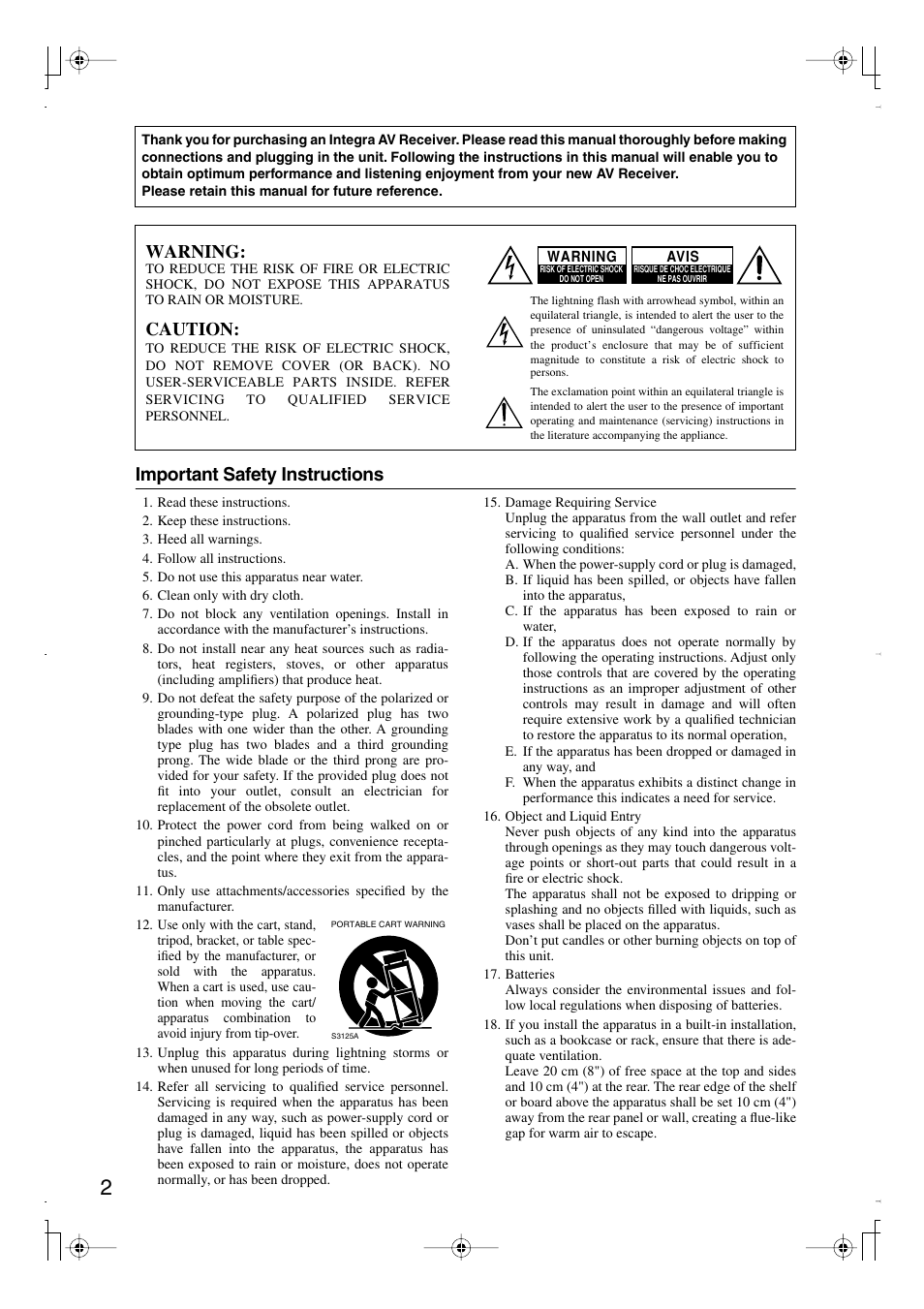 Important safety instructions, Warning, Caution | Integra DTR-7.8 User Manual | Page 2 / 128