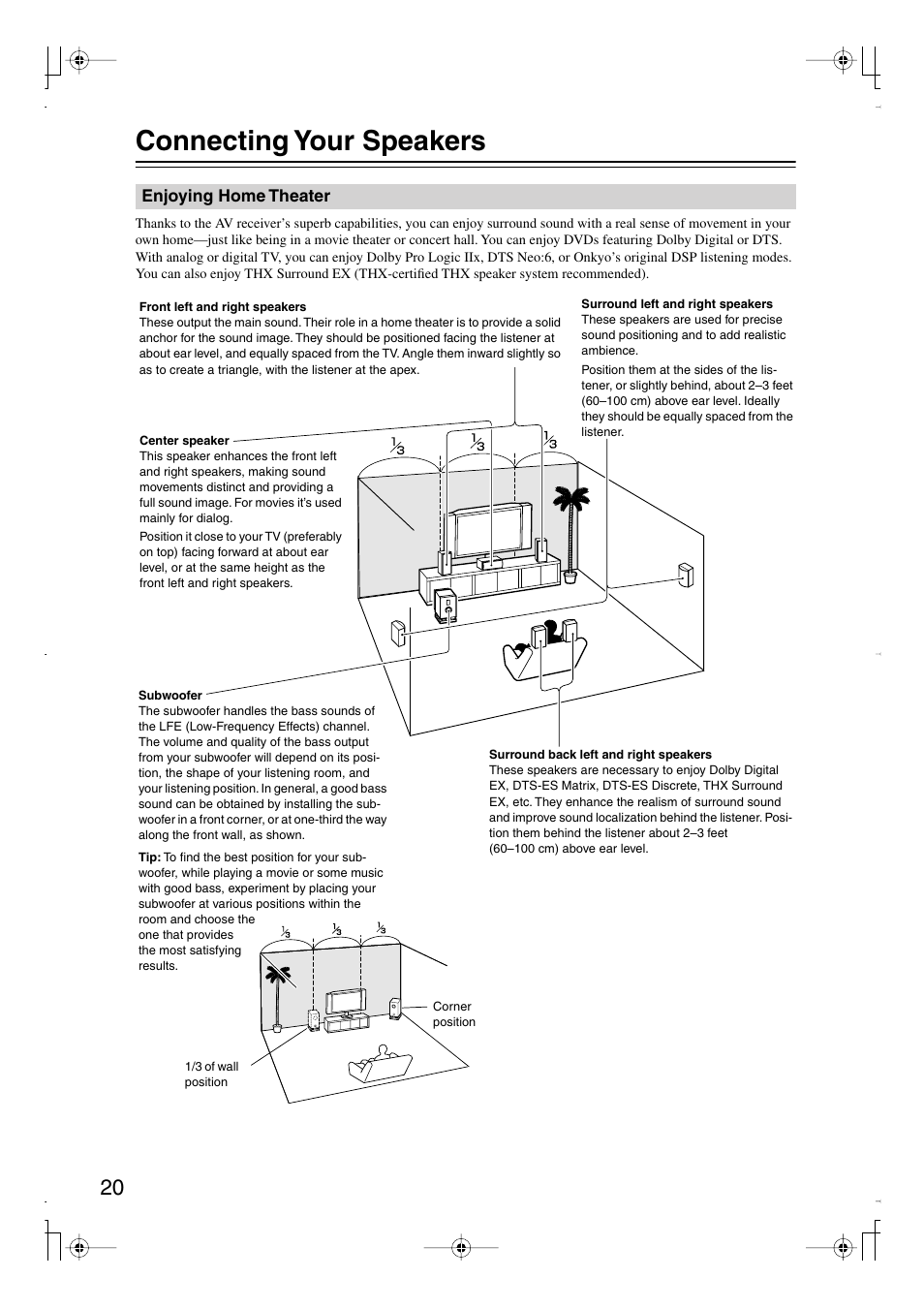 Connecting your speakers, Enjoying home theater | Integra DTR-7.8 User Manual | Page 20 / 128