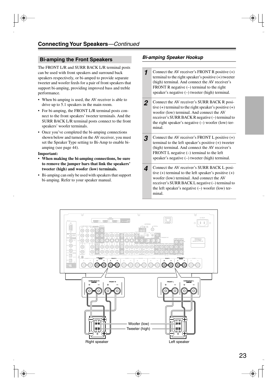 Bi-amping the front speakers, Connecting your speakers —continued, Bi-amping speaker hookup | Integra DTR-7.8 User Manual | Page 23 / 128